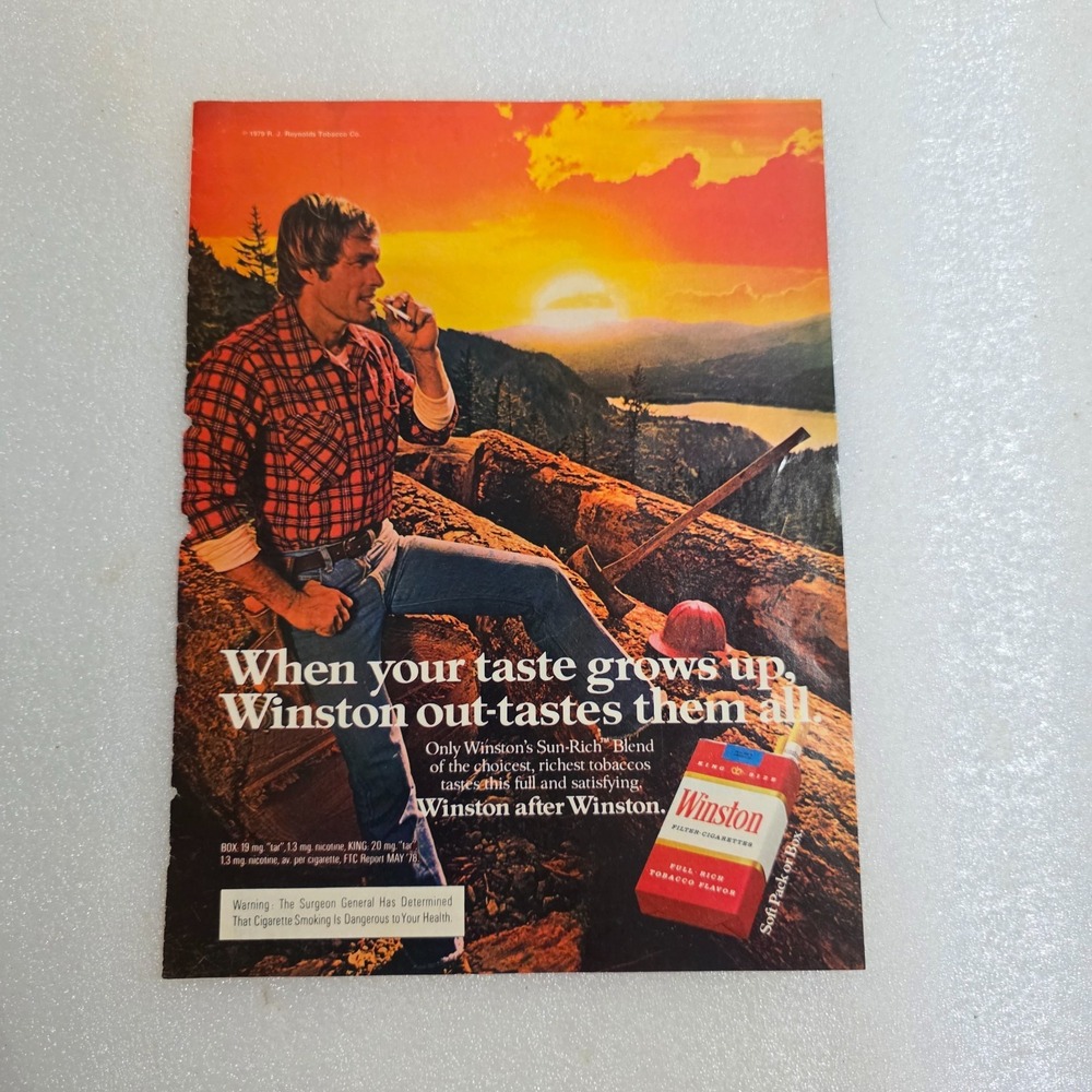 Vintage Print Ad Winston cigarettes lumberjack sunset tobacco color 8x10.5 1979
